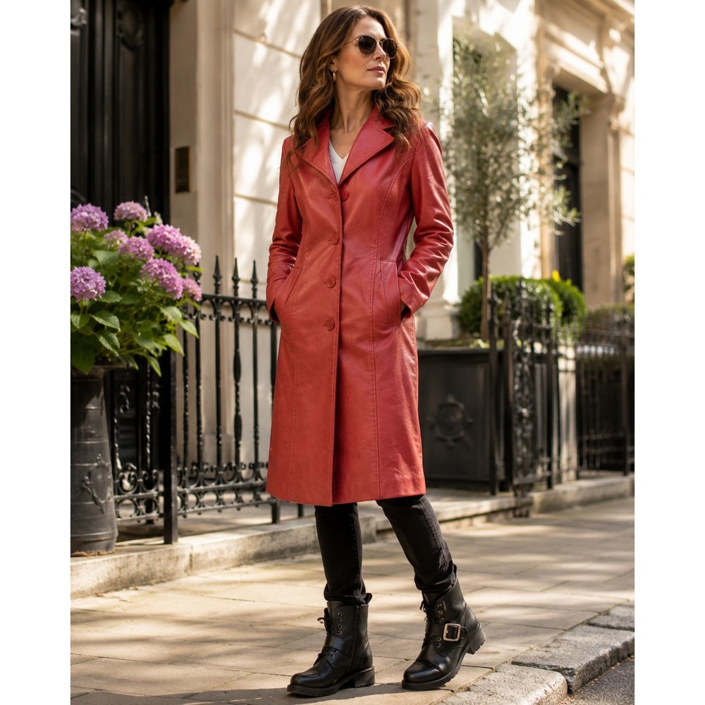 Vintage Coral Pink Vegan Leather Longline Trench Coat Jacket 4 Button Front S